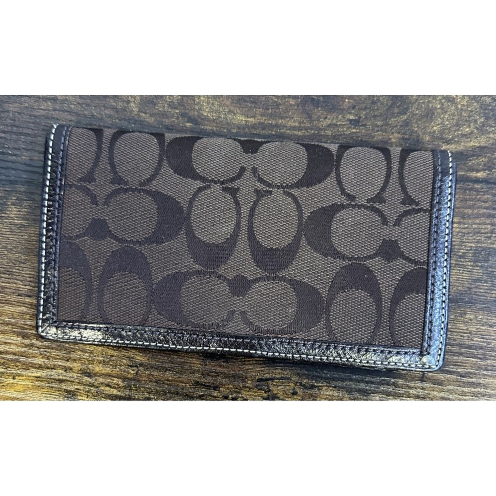 Coach Checkbook Cover Signature Brown Logo Jacquard Fabric Leather Trim Wallet - Picture 2 of 14